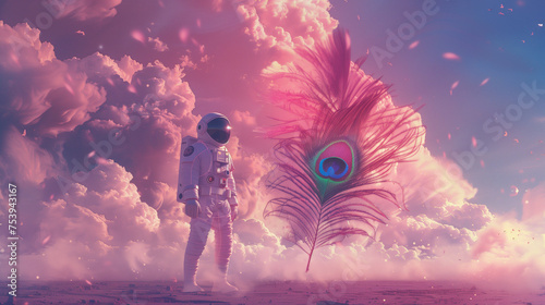 Astronaut and big peacock feather  minimal concept