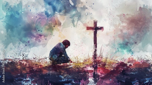 Young Man Kneeling And Looking At The Cross. Digital Watercolor Painting Illlustration photo