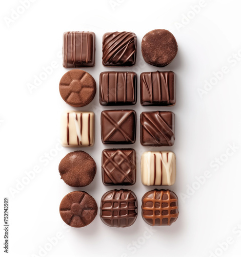 Assorted gourmet chocolates, intricately designed with various toppings, displayed neatly against a white background.