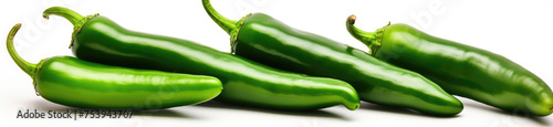 Four fresh green serrano peppers with a smooth glossy surface, arranged in a line against a pure white backdrop.
