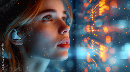 Captured at night, this image shows a young woman in a state of wonder as she gazes intently at a vibrant light display that illuminates her face with a warm glow - Generative AI