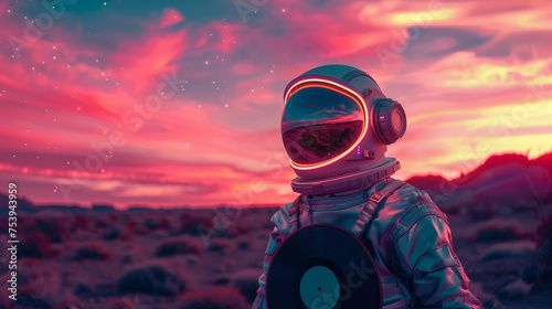 Astronaut with LP record, sunset as background