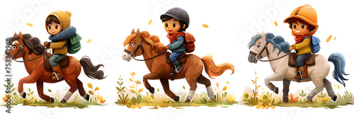 A 3D animated cartoon render of smiling kids horseback riding together. © Render John