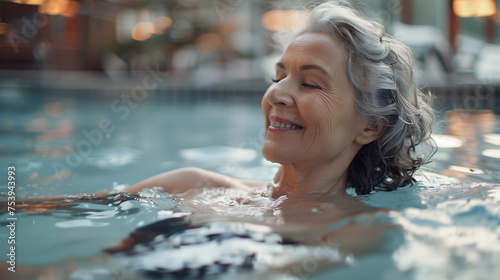 An elderly woman smiles and relaxing in the swimming pool. 