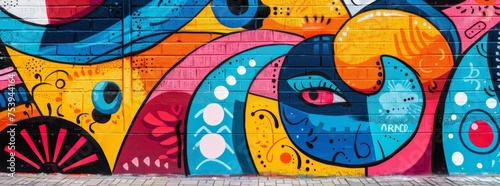 Vibrant street art mural on an urban wall, featuring abstract colorful shapes and a stylized eye, conveying creativity and urban culture.