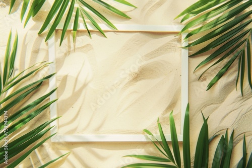 White frame border on a light yellow sand beach with palm leaves in the background Generative AI