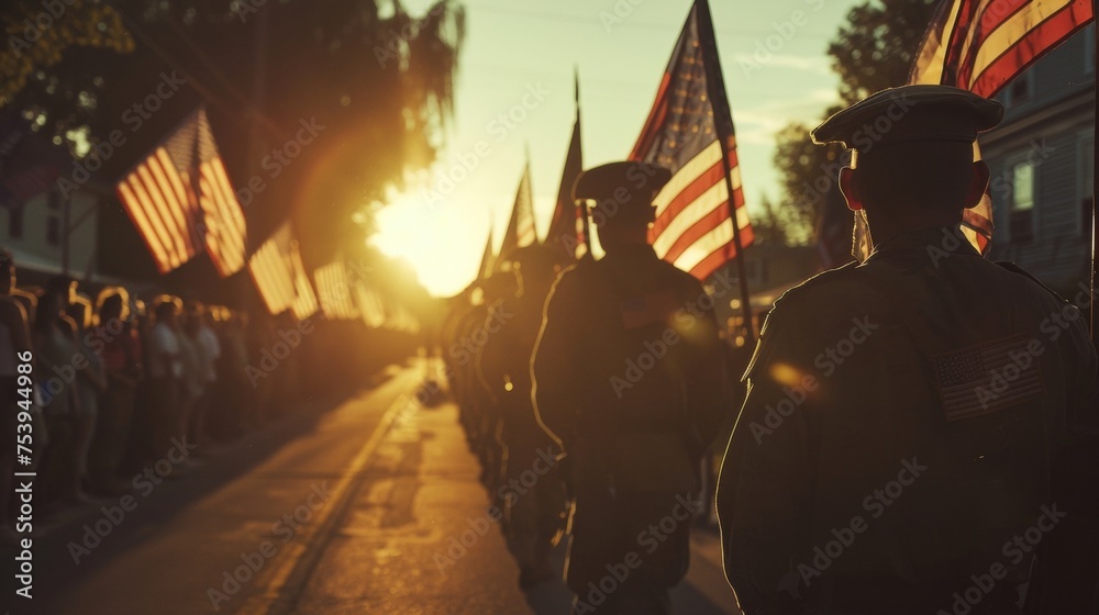 Patriotic town honoring soldiers in a sunset military procession Patriotic town honoring soldiers in a sunset military procession