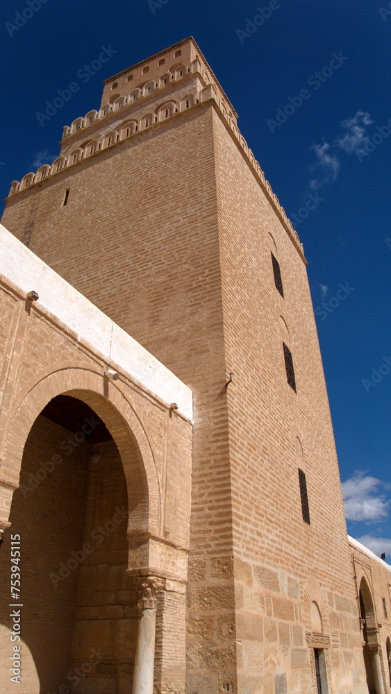 Minaret of the Great Mosque of Kairouan, seen from the inner courtyard, in Kairouan, Tunisia