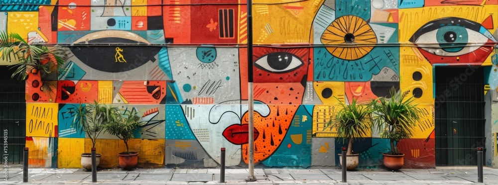 Colorful street art mural with an urban vibe, featuring bold eyes and eclectic patterns, set against a backdrop of lively plants, merging nature and art.