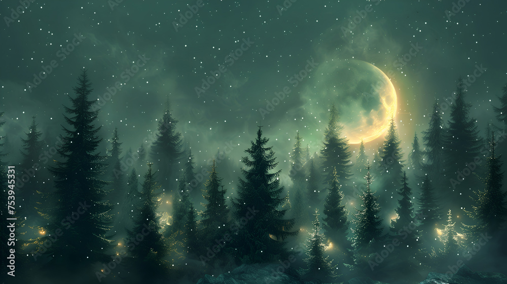 Naklejka premium pine forest, with a half moon, and starts, in the night sky and dreamy atmosphere