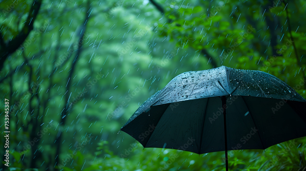 black umbrella in the rain and green forest