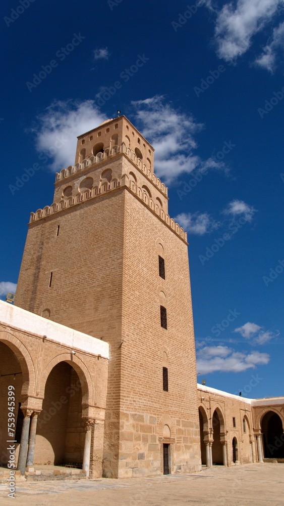 Minaret of the Great Mosque of Kairouan, seen from the inner courtyard, in Kairouan, Tunisia