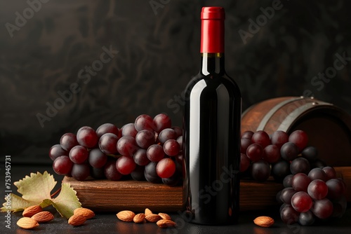 Bottle of red wine, grapes and nuts on a black background