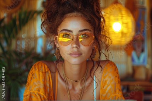A cute girl is sitting in a Balinese cafe. Close-up of a beautiful girl in a summer cafe on vacation. Stylish girl in yellow glasses. golden hour