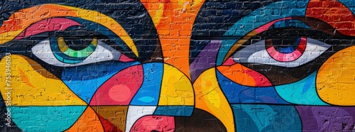 Colorful abstract owl mural on brick wall, urban graffiti.