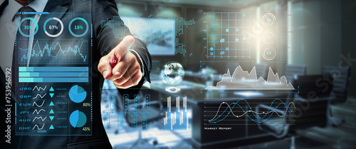 Investor analysing stock/forex market report and financial dashboard with business intelligence , with key performance indicators.businessman hand working with finances