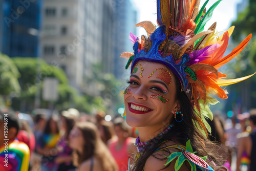 Beaming woman with a dazzling feather headdress and festive face jewels at a pride parade  her smile reflecting the joy of the occasion.