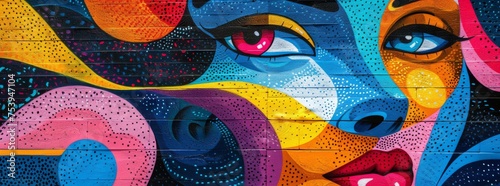 Vibrant street art mural on an urban wall featuring abstract shapes and a colorful depiction of a woman's face.