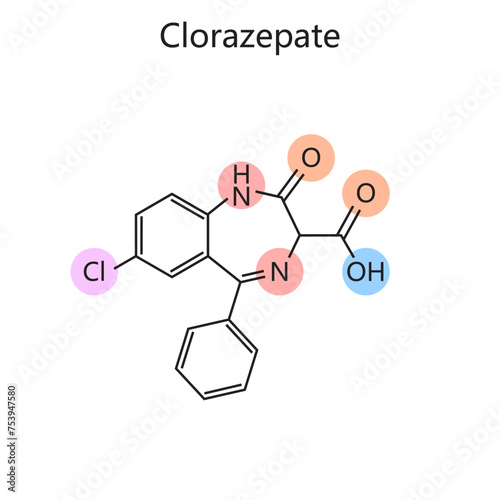 Chemical organic formula of Clorazepate diagram hand drawn schematic vector illustration. Medical science educational illustration