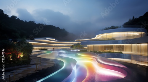 a pool with lights in the front of a building © MARTIX