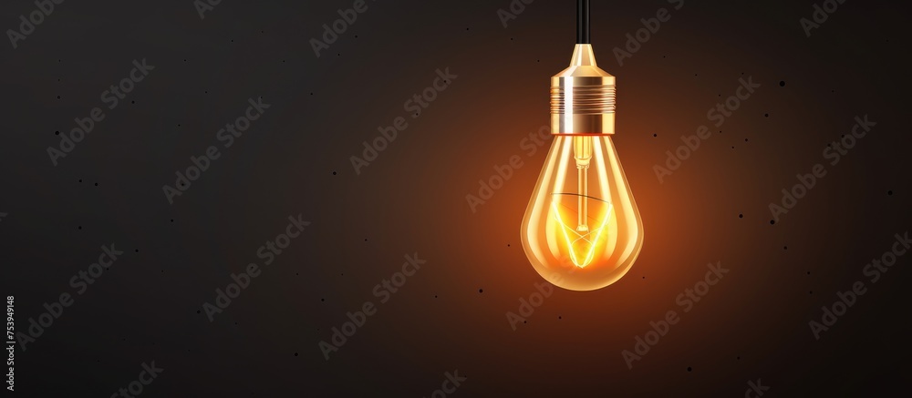 A modern interior light bulb stands out against a stark black background. The glowing filament within the bulb emits a soft, warm light. A modern interior light bulb stands out against a stark black background. The glowing filament within the bulb emits a soft, warm light.