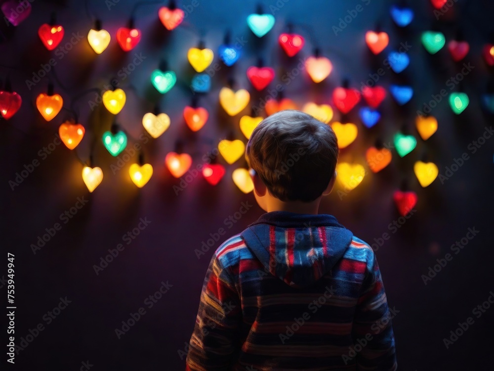 An autistic boy contemplating a colorful hearts. Child mental health concept. ASD, autism spectrum disorder awareness concept. Asperger's syndrome, early intervention.
