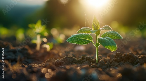 close up of a young plant bathed in morning light embracing the energy of new beginnings cultivating agriculture and eco living  photo