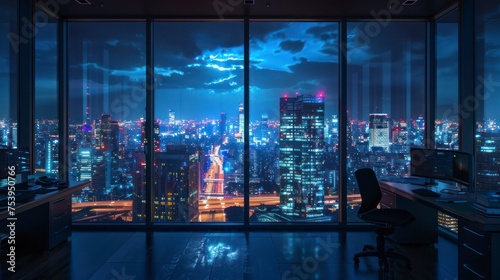 The Luminous Night View of the City from an Elevated Office Perspective