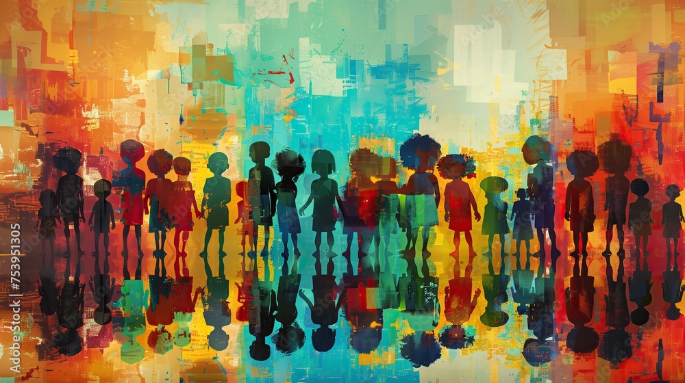 Dramatic Illustration of African American Children with Colorful Background Elements