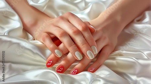 Woman   s hands with beautiful romantic manicure on white silk material close up