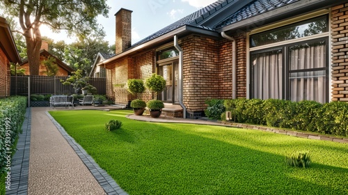 A Charming Home Exterior Boasting an Artificial Lawn, Decorative Brick Walls, and Expansive Windows