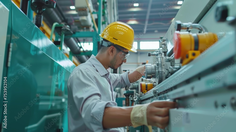 Engineers and factory managers wearing safety helmet inspect the machines in the production. inspector opened the machine to test the system to meet the standard. machine, maintenance Engineers and factory managers wearing safety helmet inspect the machines in the production. inspector opened the machine to test the system to meet the standard. machine, maintenance
