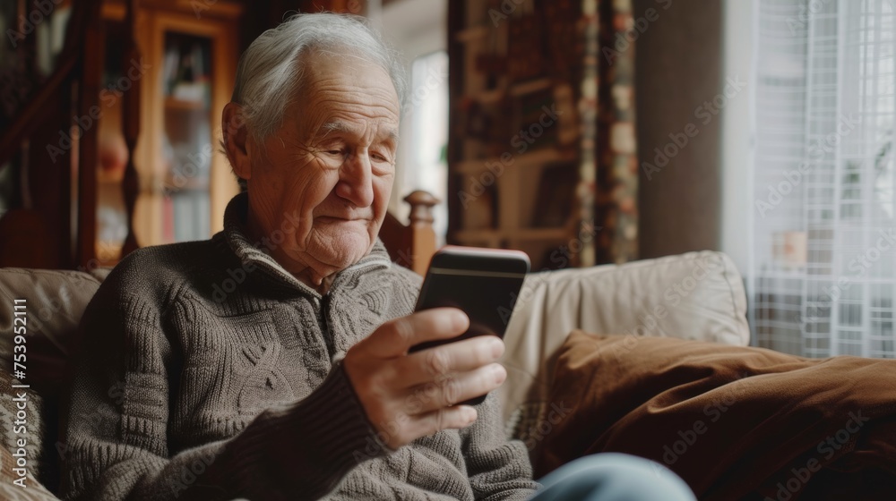 Happy senior male holding smartphone using mobile phone app. Technology, communication, happy adult man with smartphone at home, recreation, communication, sociality, hobbies, adaptation,