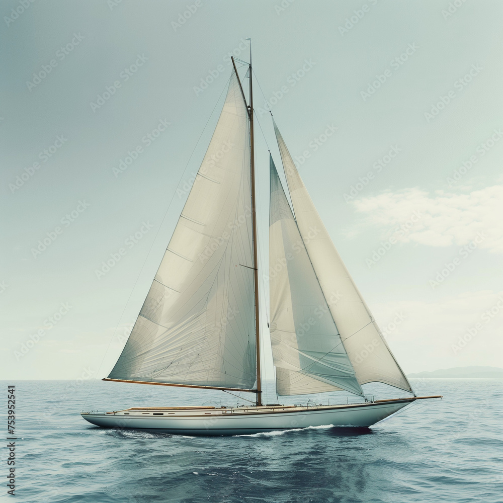 Fototapeta premium Classic sailboat with white sails, sailing on the open sea