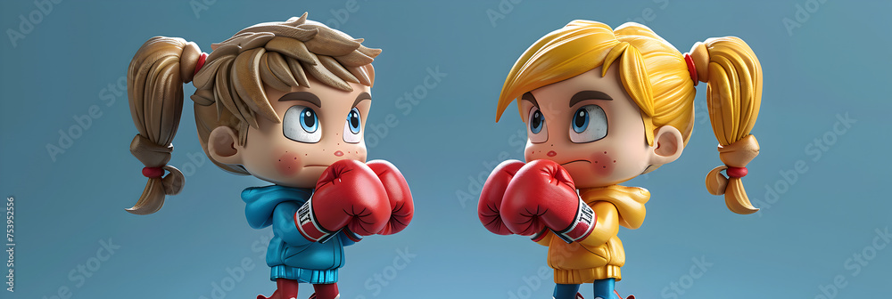 A 3D animated cartoon render of a smiling boy and girl posing in boxing stances. - obrazy, fototapety, plakaty 