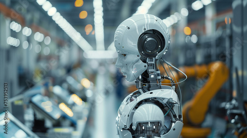 Humanoid robot is working in an industrial factory