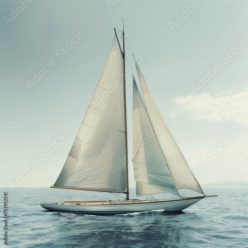 Classic sailboat with white sails, sailing on the open sea