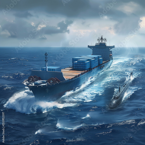 Large container ship is sailing on the ocean, with an military submarine next to it