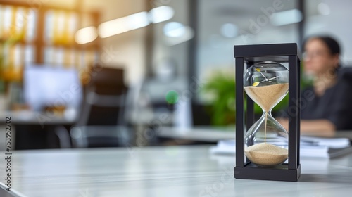 A Sandglass Marks the Passing Moments on a Desk Against the Blur of a Busy Office