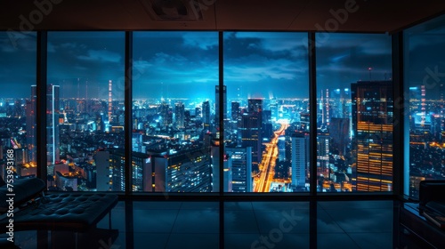 A Serene Nighttime Cityscape Seen from the Quiet of an Office Window