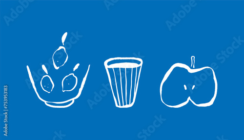 Set of vector food elements. Hand-drawn lemons, apple and cup. Minimalist spot illustration