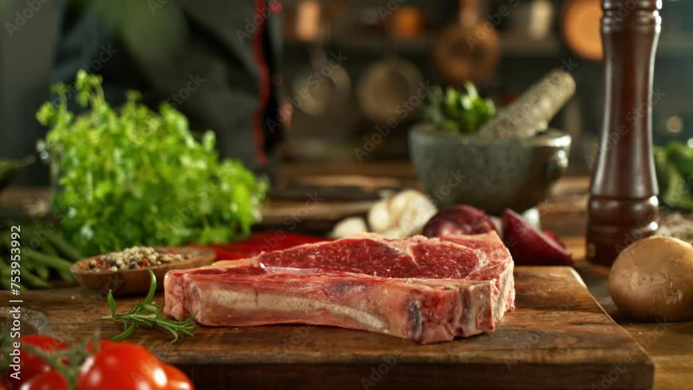 Close-up of falling salt and pepper on raw beef steak in kitchen, super slow motion, filmed on high speed cinematic camera at 1000 fps. Camera movement.