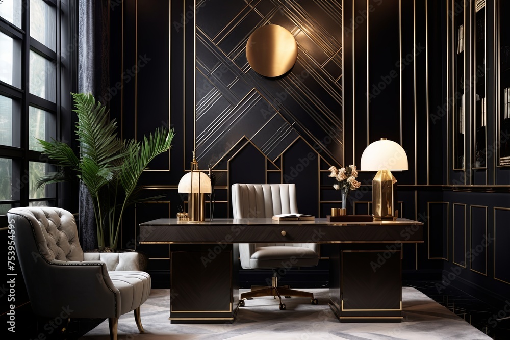 Fototapeta premium Opulent Art Deco Office Design: Marble Tabletops and Luxurious Textures
