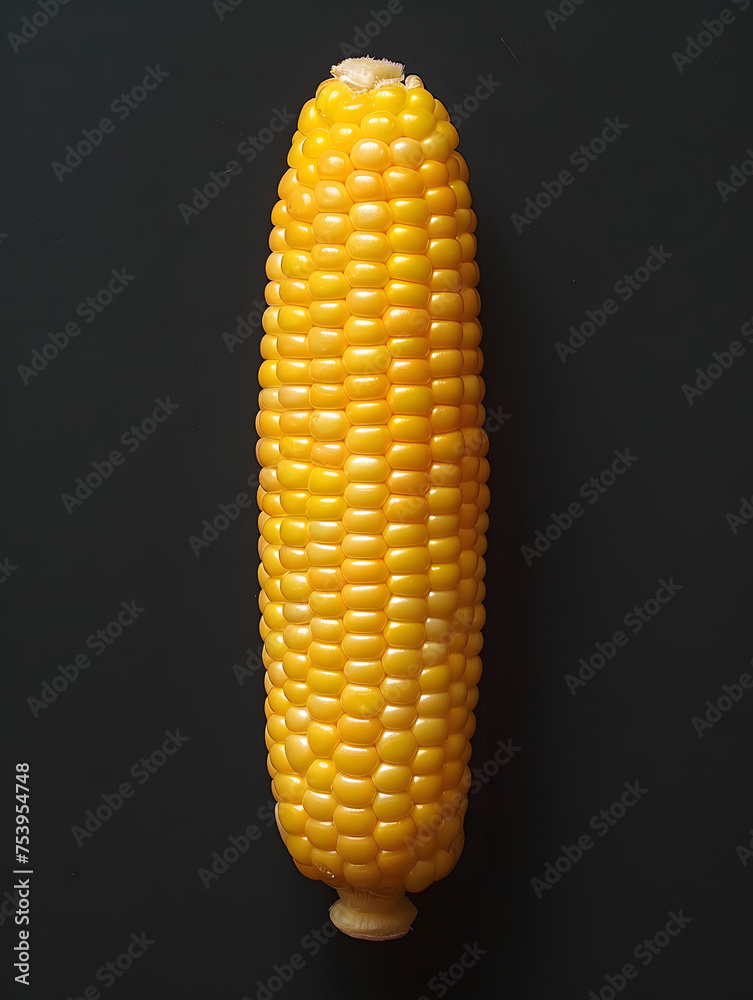 Obraz premium A sweet corn on the cob is showcased against a dark background, highlighting its natural appeal as a delicious and nutritious vegetable produce