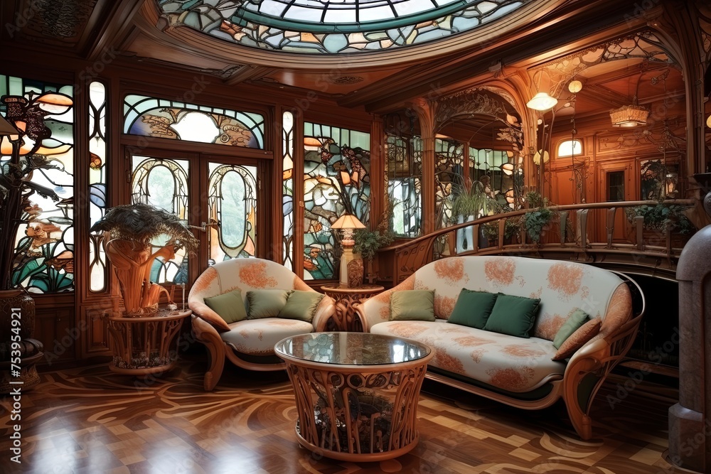 Fototapeta premium Art Nouveau Living Room: Artistic Accents, Rich Materials, Decorative Details Exemplified