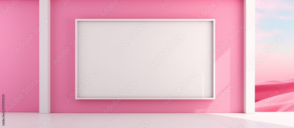 A bright and modern pink room with an empty picture frame hanging on the wall. The room is simple and minimalistic, with the frame as the focal point.
