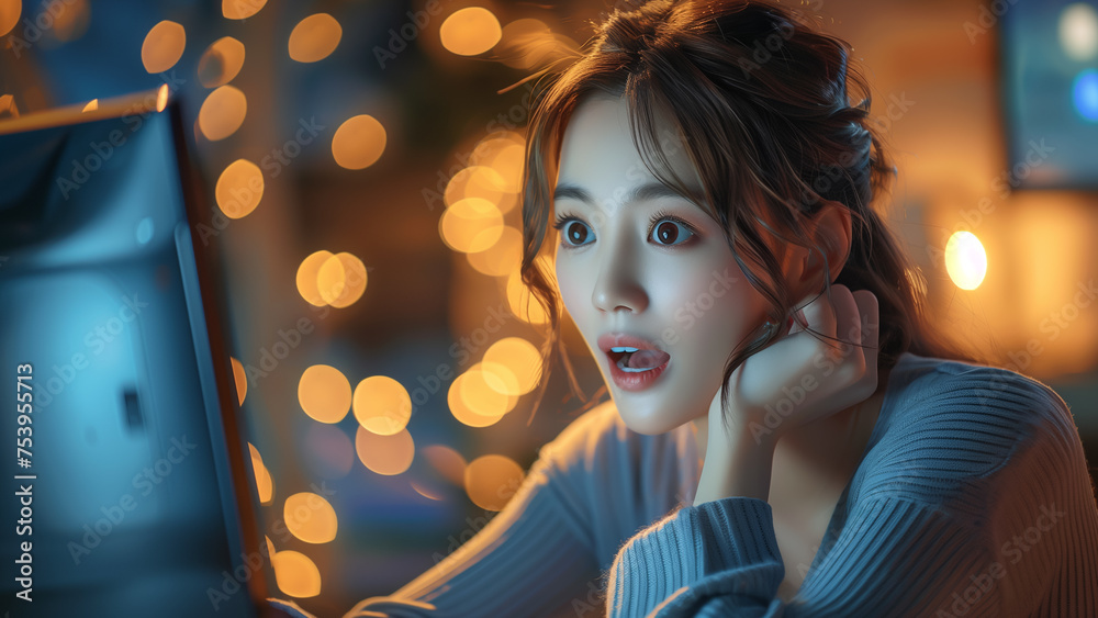 Fototapeta premium PC画面を見つめながら驚く女性