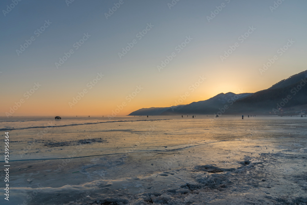 Touristic activities on Lake Baikal, Russia, during the winter season and on the freezing water