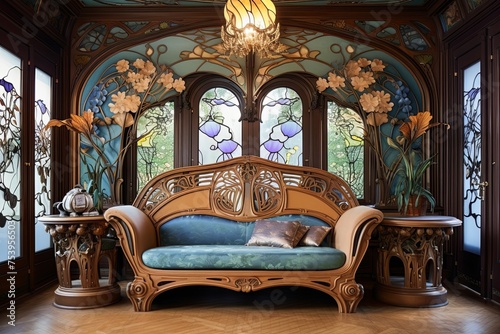 Bold Art Nouveau Living Room: Intricate Patterns, Unique Furniture, Vibrant Hues