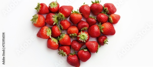 A heart shape crafted entirely out of ripe strawberries arranged on a clean white background, showcasing vibrant red hues and fresh fruit texture.